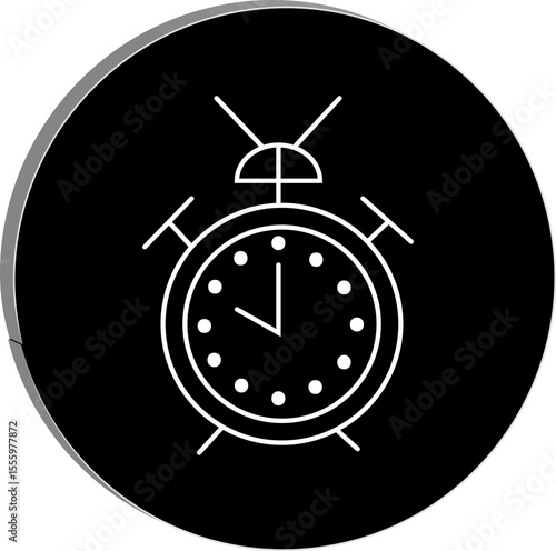 Time's Alert: Minimalist line art depicts a classic alarm clock poised within a bold, rounded black field, evoking the punctual essence of time's passage and timely wake-up calls.