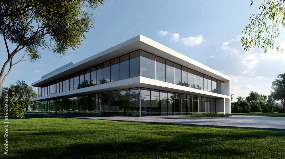 Obraz premium Modern glass office building green landscape