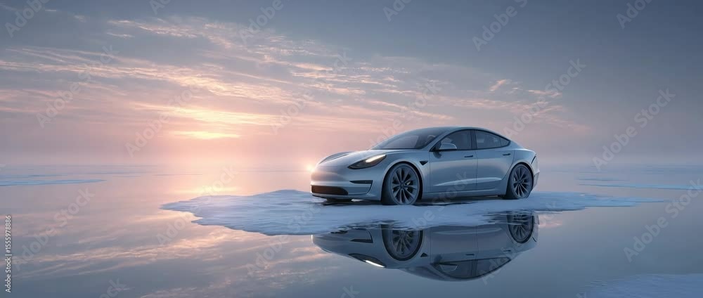 Elektroauto auf treibender Eisscholle bei Sonnenuntergang – Symbol für Hoffnung und Klimabewusstsein. Künstliche Intelligenz KI