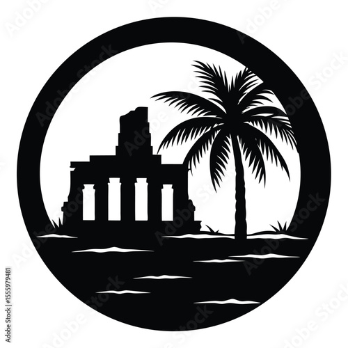 Black silhouette of ancient ruins and a palm tree within a circular frame