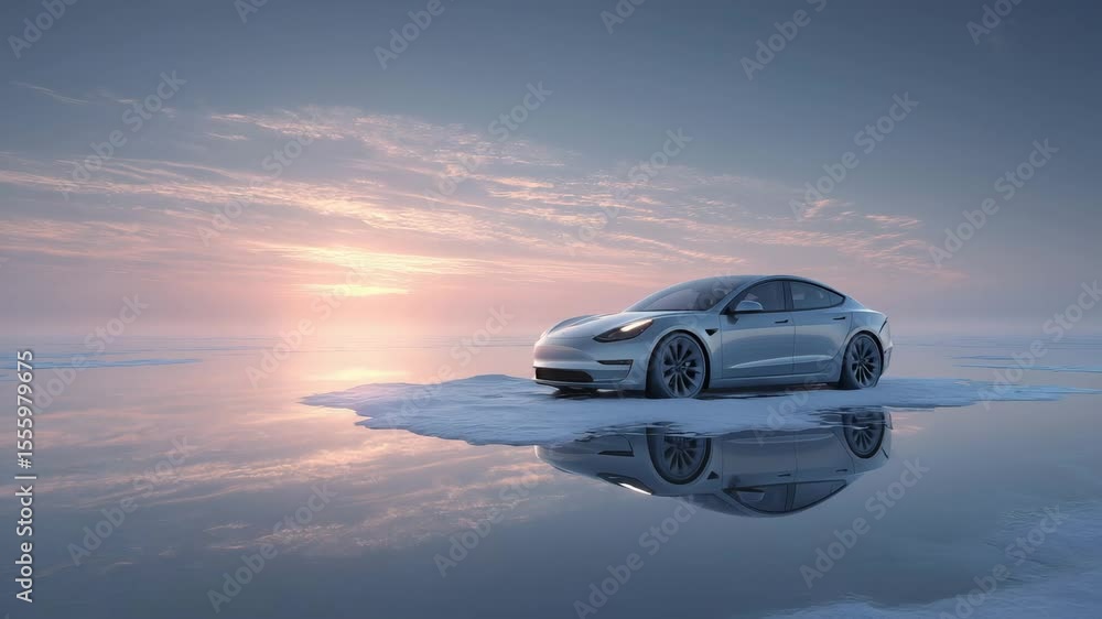 Elektroauto auf treibender Eisscholle bei Sonnenuntergang – Symbol für Hoffnung und Klimabewusstsein. Künstliche Intelligenz KI