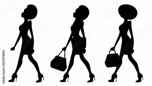 Silhouettes of fashionable women walking with bags and heels in a stylish and elegant manner black and white
