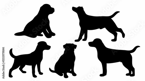 Silhouette illustration of five dogs in various poses including sitting standing and looking up design element