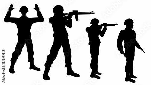 Silhouette depiction of soldiers in various poses including surrender and aiming weapons, all in black