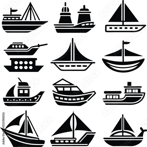 Various black watercraft silhouettes on white background boat ship