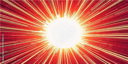 An intense explosion of energy is created by a sunburst pattern and a vivid red starburst with glowing beams.