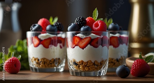 Three elegant glasses filled with creamy yogurt, fresh berries, and crunchy granola, beautifully arranged on a rustic wooden table. 