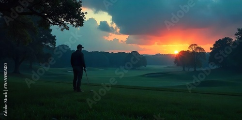 A shadowy figure on a golf course at twilight, the only light source emanating from a distant clubhouse The air is thick with mystery, the greens shrouded in darkness , evening, bunker, obscure