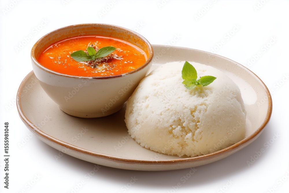 Discover the rich flavors of fufu served with goat light tomato soup in a simple presentation on a white background Discover the rich flavors of fufu served with goat light tomato soup in a simple presentation on a white background