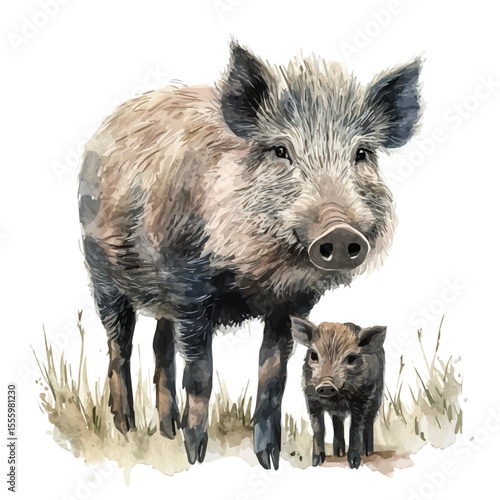 A Mother Boar With Her Kid, watercolor drawing vector, isolated on a white background.
