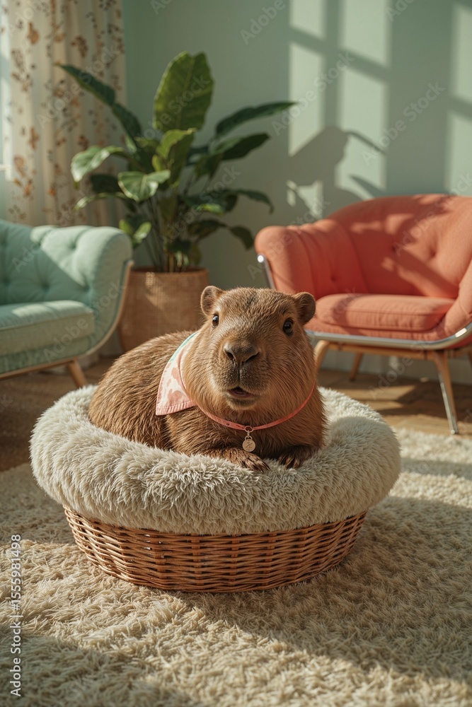 Obraz premium Capybara entspannt im gemütlichen Wohnzimmer – Haustier in häuslicher Szene