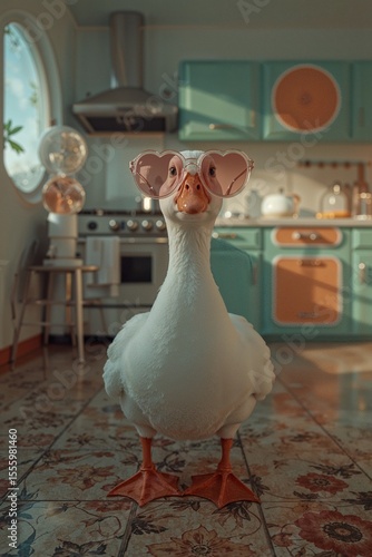 Exzentrische Gans mit Brille in Retro-Küche – Humorvolle Szene