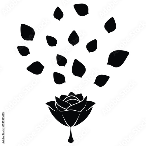 Black silhouette of a rose with petals falling like tears