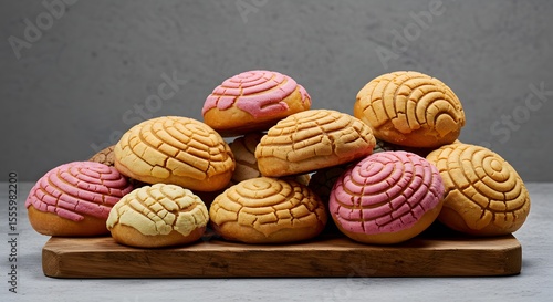 Pile of Colorful Conchas: Traditional Mexican Sweet Bread
