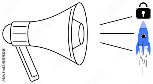 Large megaphone propels a rocket with an unlock icon, symbolizing empowerment through communication and innovation. Ideal for marketing, motivation, teamwork, business growth, creativity, leadership