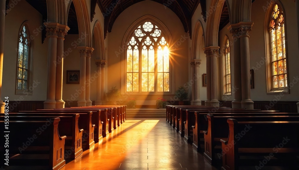 Fototapeta premium Serene interior of a church, bathed in sunlight streaming through stained-glass windows, focusing on a quiet prayer area Perfect for themes of faith, spirituality, peace, and worship , cross, heaven