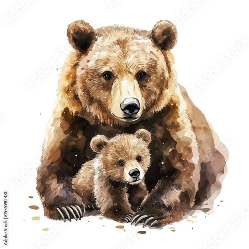 A Mother Bear With Her Kid, watercolor drawing vector, isolated on a white background.