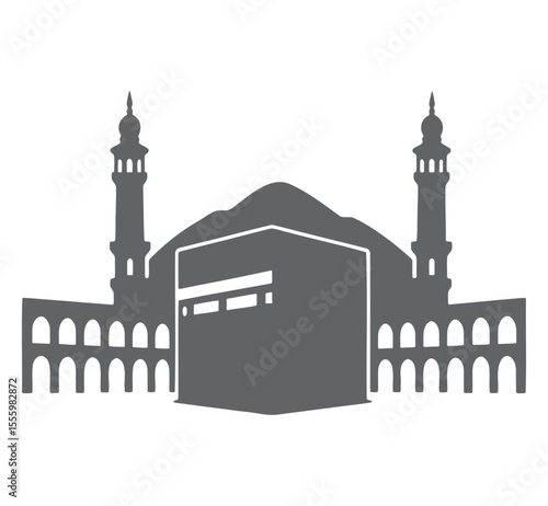 Kaaba building with minarets and arches silhouette