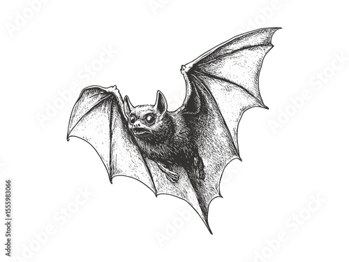 Halloween spooky bat flying engraving, October holiday icon, vintage black line style, hand-drawn horror design, old sketch, seasonal trendy artwork, gothic creepy motif, eerie illustration
