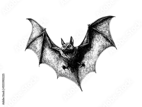 Vintage Halloween bat flying illustration, spooky October horror motif, black line engraving, hand-drawn seasonal icon, old sketch style, creepy holiday artwork, gothic decoration, eerie drawing