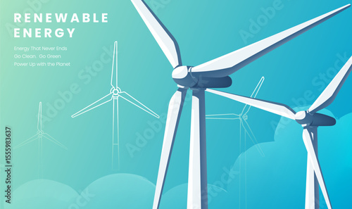 Renewable energy horizontal panel illustration of wind turbines