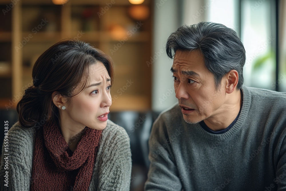 Naklejka premium Family problems. Asian couple quarrelling together at home. Woman angry at man, and man feeling annoyed., Generative AI