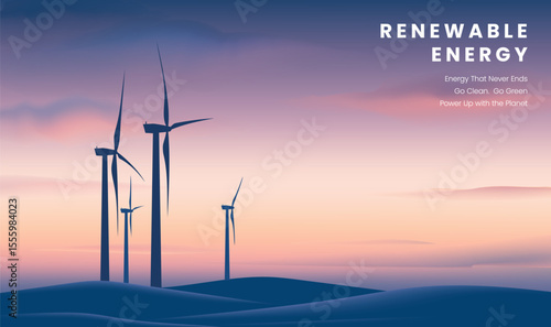 Horizontal illustration of renewable energy wind turbine