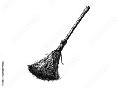 Halloween broomstick engraving, spooky vintage decor, hand-drawn black sketch style, retro seasonal element, horror icon, old engraving style, gothic illustration, dark art,