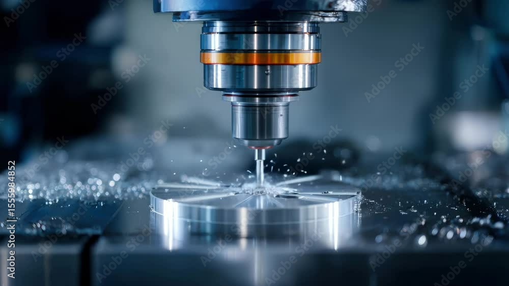 A skilled technician operates high-tech CNC machinery in a workshop, carefully crafting intricate metal components. Sparks and shavings fly as the machine performs precise cuts A skilled technician operates high-tech CNC machinery in a workshop, carefully crafting intricate metal components. Sparks and shavings fly as the machine performs precise cuts