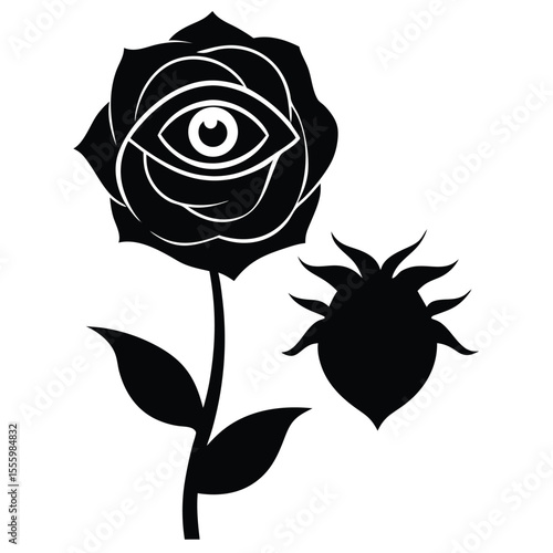 Black silhouette of a rose with an all seeing eye and a spiky heart