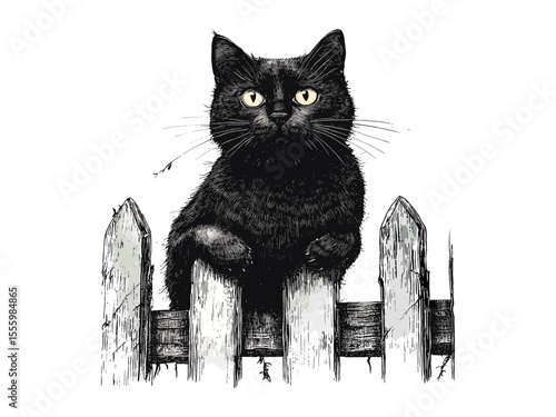 Vintage black cat sketch on fence, spooky Halloween animal icon, old engraving style, hand-drawn horror decor, October theme, trendy tattoo art, mysterious night, folklore illustration