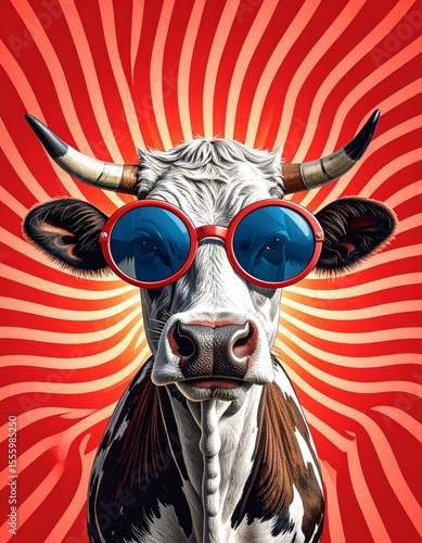 A highly stylized engraving-style illustration of a cow, wearing oversized round sung