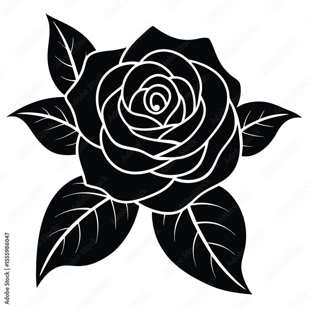 Obraz premium Stylized black and white silhouette of a rose with leaves