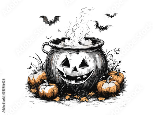 Vintage Halloween cauldron engraving, black sketch hand-drawn art, spooky seasonal element, trendy old engraving style, classic autumn holiday illustration, gothic magical symbols