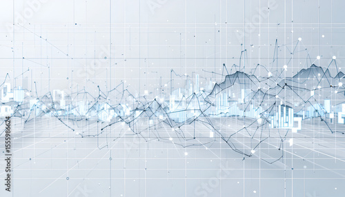 Complex network lines and data visualizations create an abstract tech landscape on a light background, ideal for presentations.