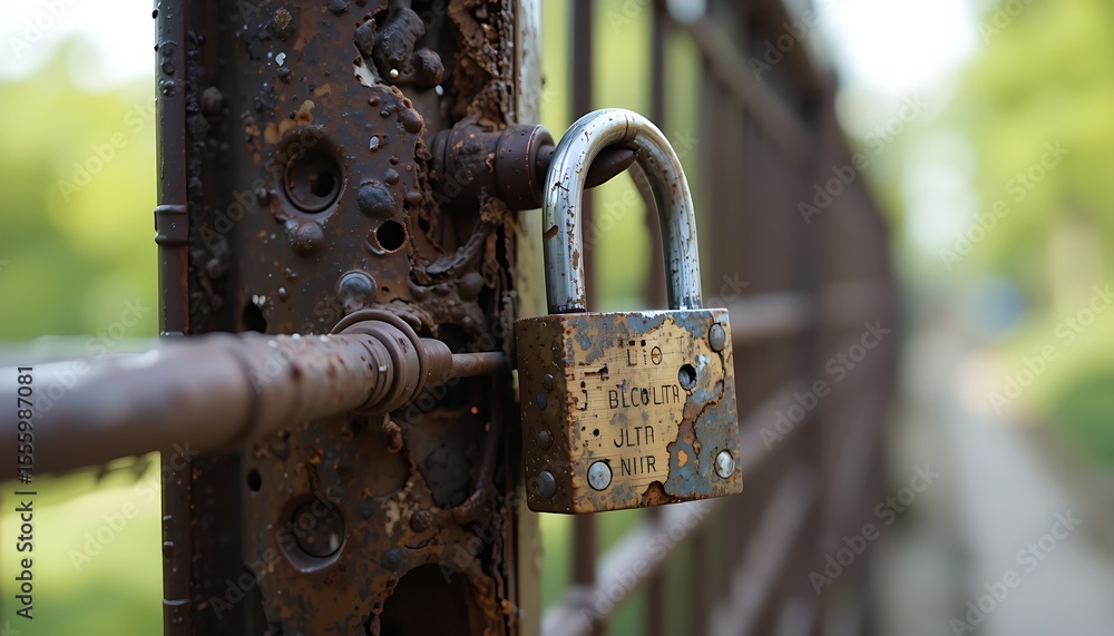 Rusted Lock on Metal Fence, Outdoor Security, Nature Background, Close-up, Safety Concept Rusted Lock on Metal Fence, Outdoor Security, Nature Background, Close-up, Safety Concept