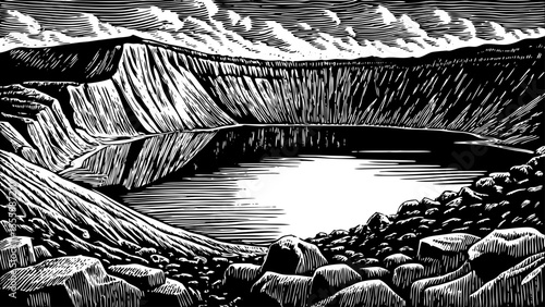 Volcanic crater lake with steep rocky sides and calm surface, a black and white sketch vector hand drawn