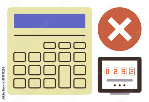 Calculator with large keys, red error cross symbol, and digital counter display showcasing numbers. Ideal for education, finance, calculation, error, productivity systems success vs failure. Simple