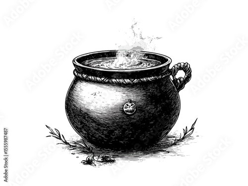 Vintage Halloween cauldron with bubbling potion, spooky cooking pot engraving, hand-drawn horror decor, October witchy holiday icon, old black sketch style, seasonal magic charm