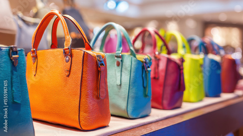 Colourful leather handbags on display in fashion store boutique showing variety and style in accessories shopping concept