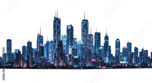 Fototapeta Naklejka Na Ścianę i Meble -  A futuristic city skyline with tall skyscrapers illuminated in blue and pink lights. The buildings vary in design and height, creating a modern urban landscape.