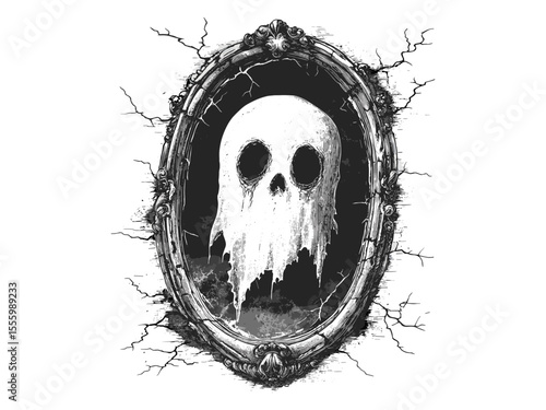 Vintage Halloween cracked mirror with ghost face, spooky decor, hand-drawn sketch style, black engraving, horror holiday motif, creepy seasonal illustration, dark gothic art