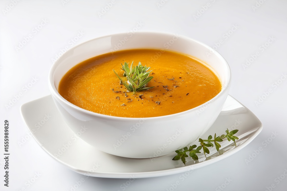 Deliciously creamy local style pumpkin soup served in a bowl with seasoning and a sprig of herb garnishing Deliciously creamy local style pumpkin soup served in a bowl with seasoning and a sprig of herb garnishing