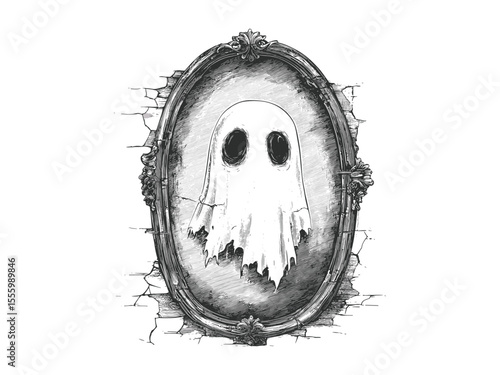 Halloween ghost face engraving cracked mirror, vintage spooky decor, old black sketch style, horror holiday motif, hand-drawn illustration, eerie seasonal art, haunted atmosphere