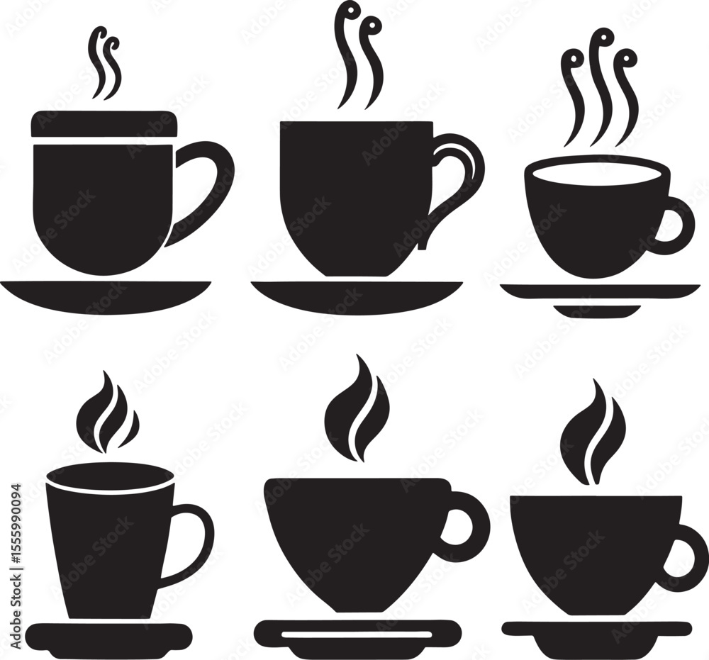 Obraz premium Coffee and Tea Cup Silhouette Icon Set on White Background