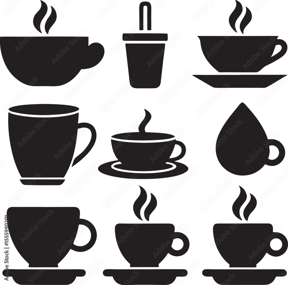 Obraz premium Coffee and Tea Cup Silhouette Icon Set on White Background