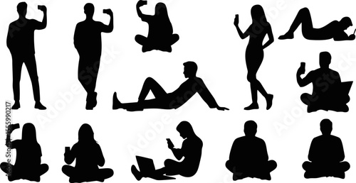 Black Silhouette Set of People Taking Selfies – Dynamic and Stylish Poses