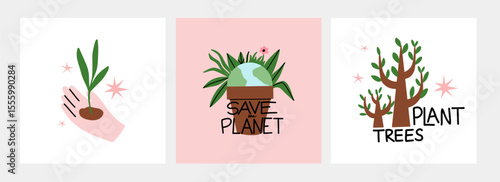 Save planet. Earth environmental care. Icon or sticker collection. green energy, stop pollution, reuse and recycled. Eco friendly, ecology elements. Vector cartoon flat style isolated illustration set