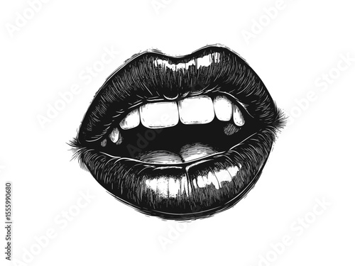 Vintage fanged vampire lips, Halloween horror motif, black sketch style, spooky October engraving icon, creepy gothic artwork, hand-drawn scary face clipart, Halloween illustration,