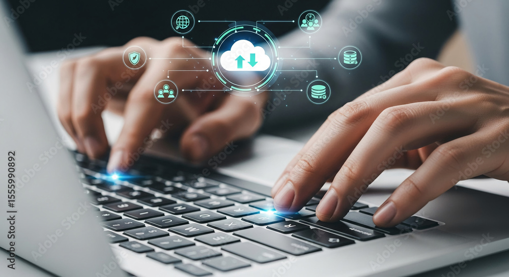 Hands typing on laptop keyboard, cloud computing data transfer visualized, symbolizing digital technology, online data storage, and network connection Hands typing on laptop keyboard, cloud computing data transfer visualized, symbolizing digital technology, online data storage, and network connection